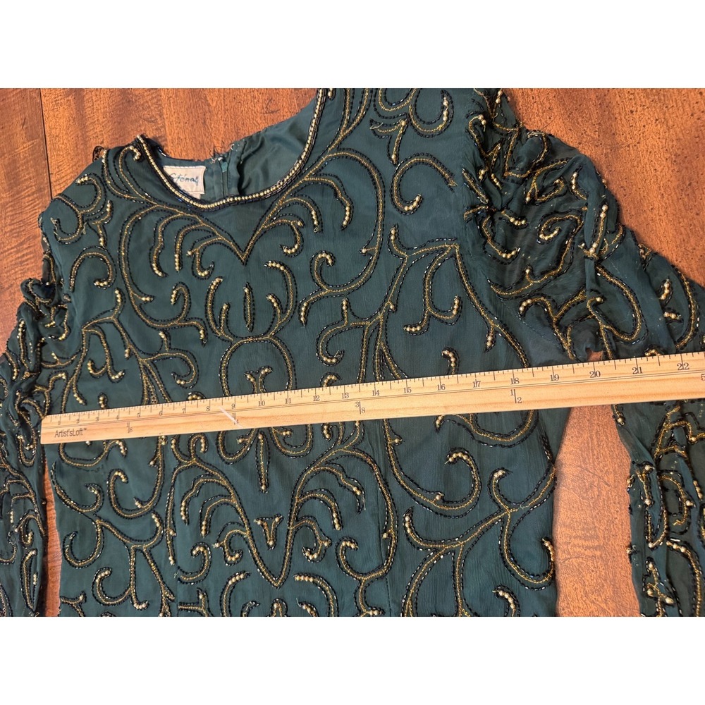 Vintage Stenay Dress Womens XL Green Silk Beaded Gold Black Formal Evening 80s - Picture 5 of 8